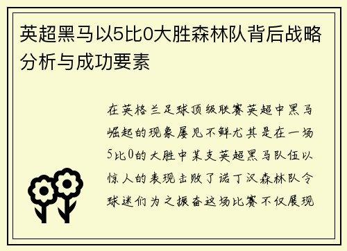 英超黑马以5比0大胜森林队背后战略分析与成功要素