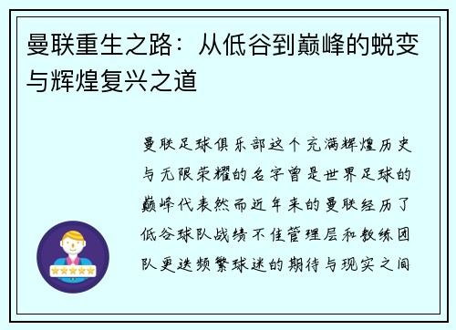 曼联重生之路：从低谷到巅峰的蜕变与辉煌复兴之道